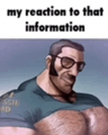 a cartoon man with glasses and a beard is wearing a green shirt and has a reaction to that information .