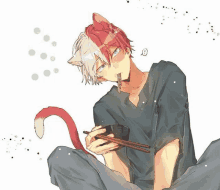 a drawing of a boy with cat ears holding chopsticks