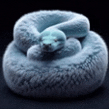 a blue stuffed snake is curled up on a black surface .