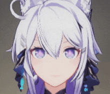 a close up of a girl with white hair and purple eyes wearing a cat ear hat .