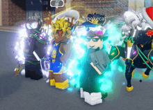 a group of roblox characters are standing in front of a brick building and one of them is named ajgght