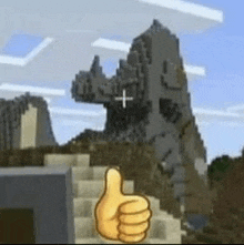 a cartoon hand is giving a thumbs up in front of a mountain in minecraft .