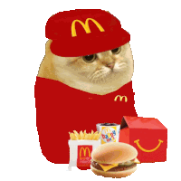 a cat wearing a red mcdonald 's hat and a red shirt