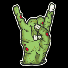 a cartoon illustration of a zombie hand making a horns sign