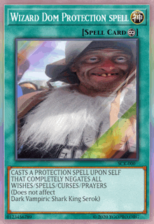 a wizard dom protection spell card with a picture of a bearded man on it