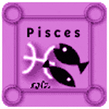 a purple square with two black fish and the word pisces on it .