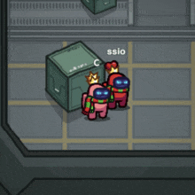 two among us characters are standing in front of a green box with ssio written on it