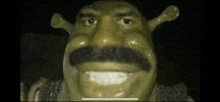 a shrek statue with a mustache and a cowboy hat is smiling .