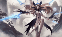 a painting of a woman with long hair and wings holding two swords