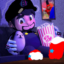 a cartoon character is holding a bucket of popcorn