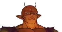 a drawing of a demon with horns and a purple shirt