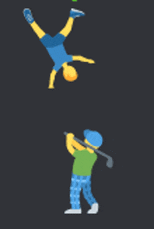 a cartoon of a man doing a handstand and a man swinging a golf club