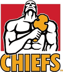 a logo for the chiefs shows a muscular man holding a trophy