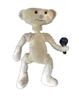 a white teddy bear is holding a microphone and has a blue nose