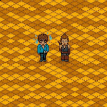 a pixel art drawing of a man and a woman standing next to each other