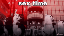 a group of stuffed animals are dancing in front of a building with the words sex time written on the bottom