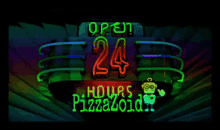 a neon sign that says open 24 hours pizzaloid