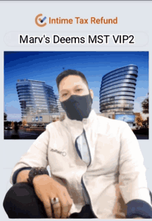 a man wearing a mask is sitting in front of a building that says marv 's deems mst vip2 on it