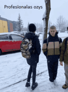 a group of people standing in the snow with the words profesionalas ozys on the bottom