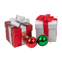 a red and white gift box with a silver bow and two red and green balls