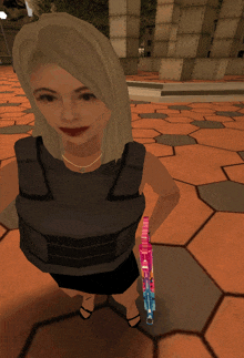 a woman in a video game holding a pink and blue gun