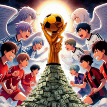 a group of soccer players are surrounded by a pile of money and a soccer trophy