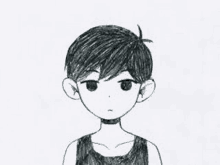 a black and white drawing of a boy with short hair and a choker around his neck .