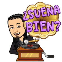 a cartoon of a man playing a record with suena bien written in purple letters