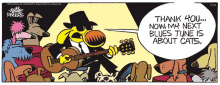 a comic strip by mike peters shows a man playing guitar