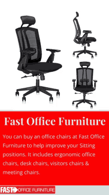 an advertisement for fast office furniture includes ergonomic office chairs desk chairs visitors chairs & meeting chairs