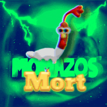 a worm in a chicken costume is standing in front of the word mort