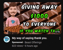 a man holding a pizza in front of a chocolate bar with the words giving away $ 1000 to everyone if you watch this