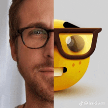 a half of a man 's face with glasses and a half of an emoji with glasses