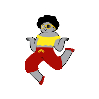 a cartoon drawing of a person wearing red shorts and a yellow top