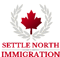 a logo for settle north immigration with a canadian maple leaf