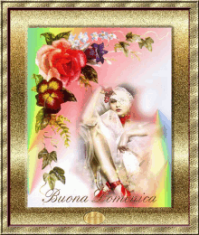 a picture of a woman surrounded by flowers with the words buona domenica on the bottom