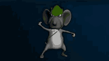 a cartoon mouse is wearing a green mask and holding a sword .