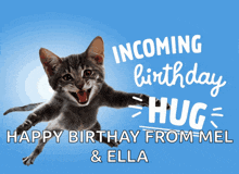 a birthday card with a cat and the words incoming birthday hug