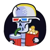 a cartoon of a skeleton wearing 3d glasses eating popcorn and drinking soda