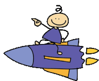 a stick figure is riding a rocket and pointing