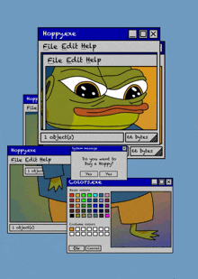 a computer screen with a frog and the words hoppy.exe