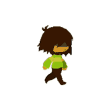 a pixel art of a person walking with a green and yellow sweater .