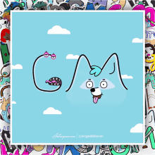 a cartoon drawing of a dog with the letter gm above it