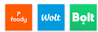 the logos for foody wolt and bolt are shown in different colors