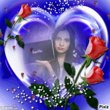 a picture of a woman in a heart surrounded by red roses with pixiz at the bottom