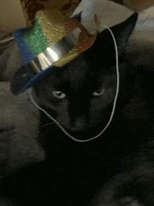 a black cat wearing a colorful party hat with a string around its neck