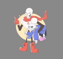 a cartoon drawing of papyrus carrying sans on his shoulders