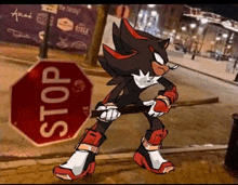 shadow the hedgehog is standing next to a stop sign on the sidewalk .