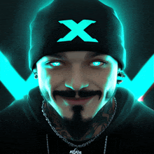 a man with a beard wears a black beanie with a blue x on it