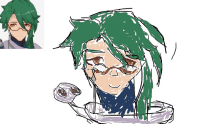 a drawing of a person with long green hair and glasses